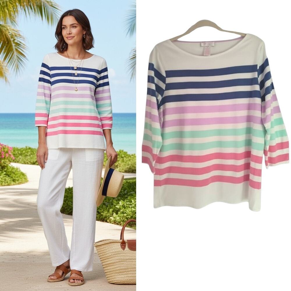 STELLA PARKER Tee Women's L Striped Boatneck Cotton Jersey Knit Pullover Top
